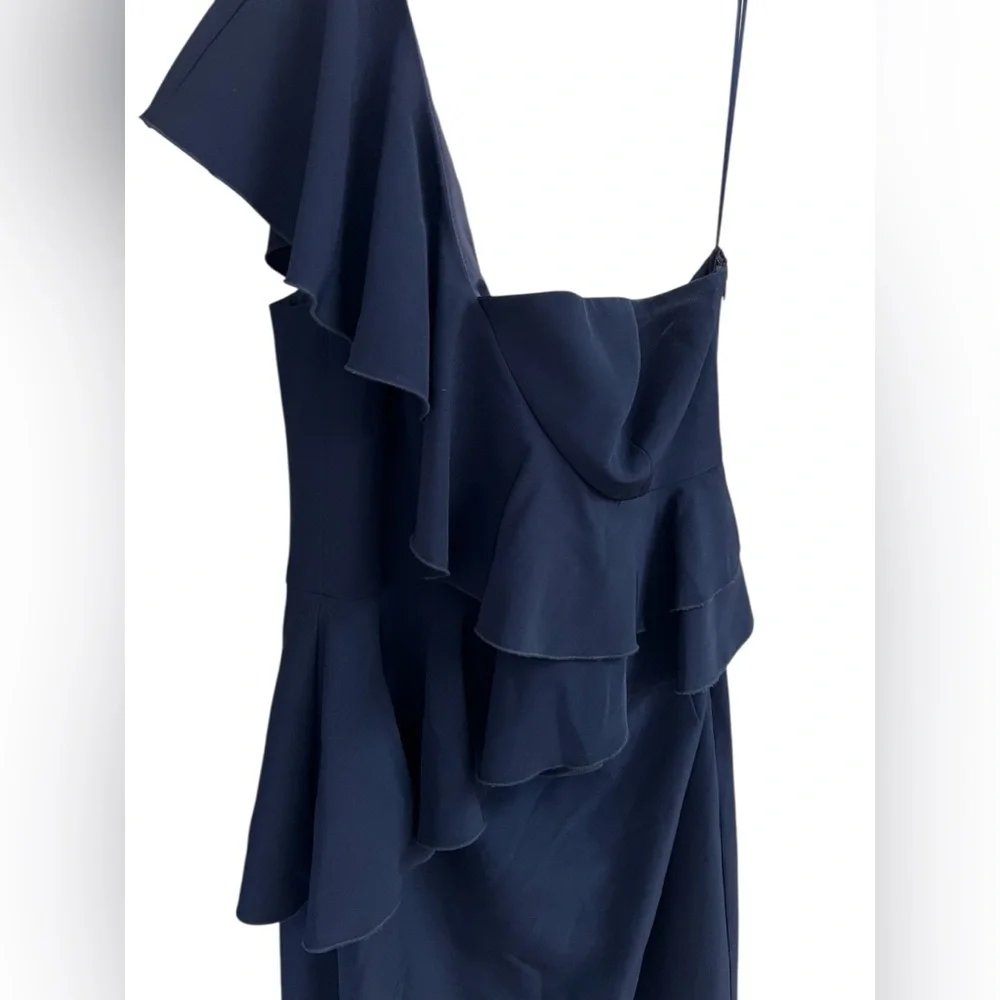 TRINA TURK Indigo Navy Blue One-Shoulder Waterfall Ruffle 12 Gown Special Event - Picture 4 of 13